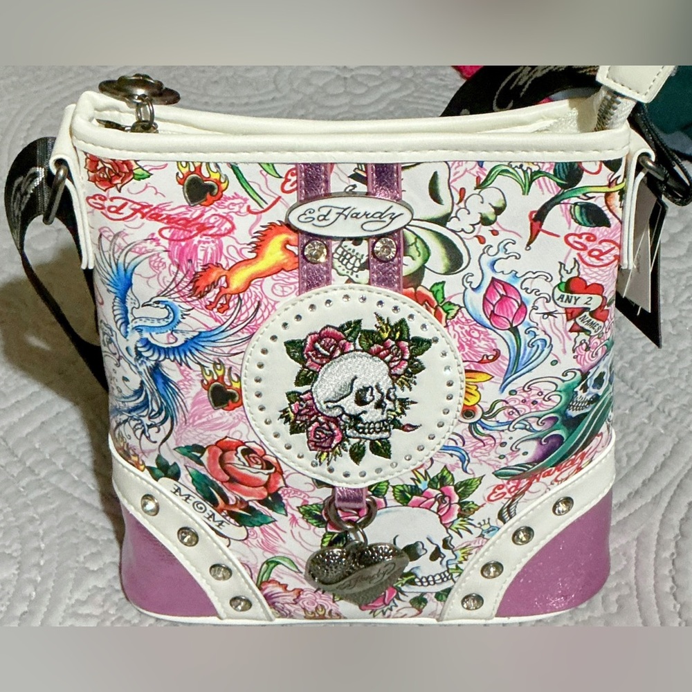 Ed Hardy White and Pink Crossbody Bag